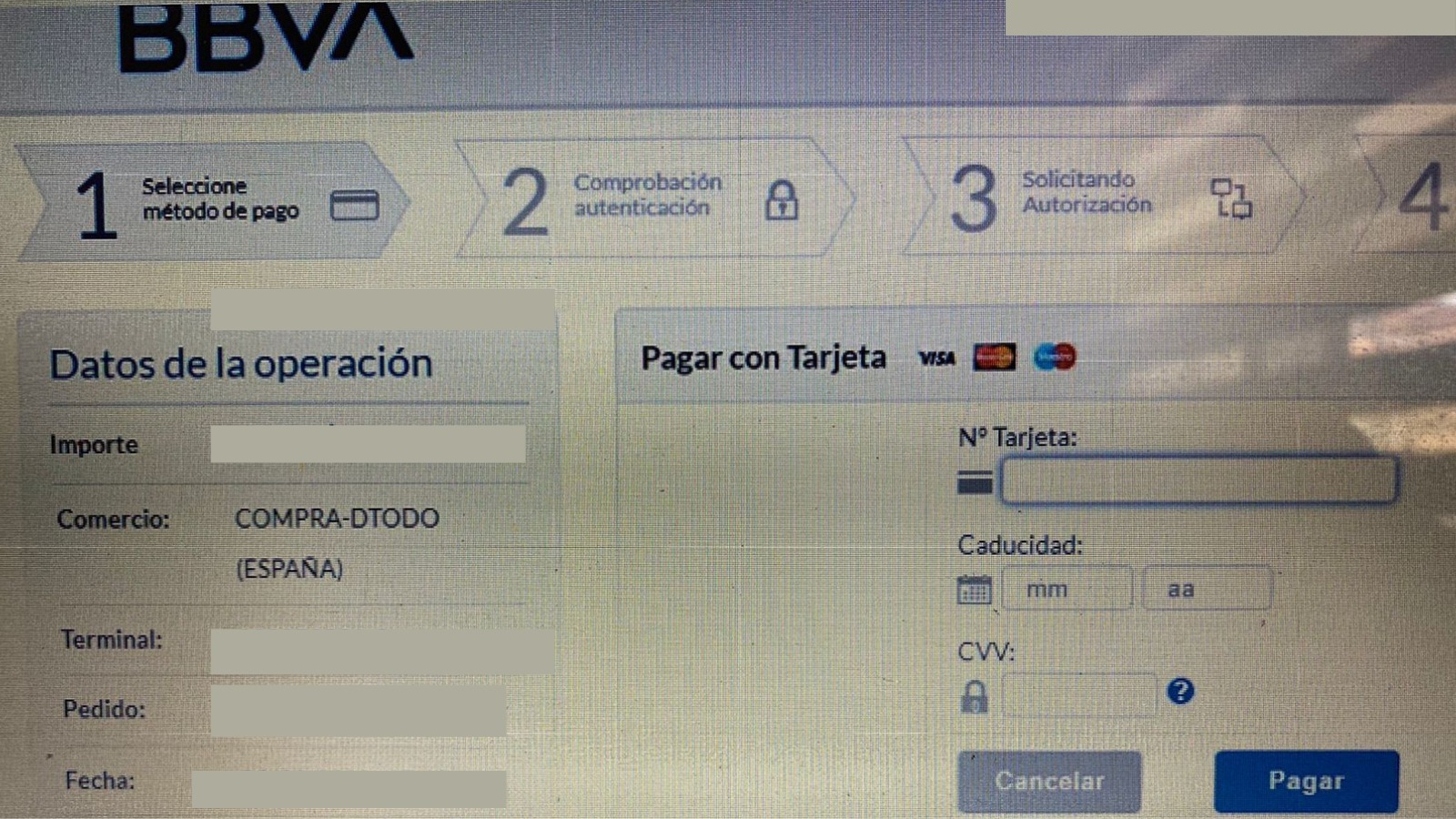 Pasarela de pago en Bazar Regalo, a través del banco español BBVA.